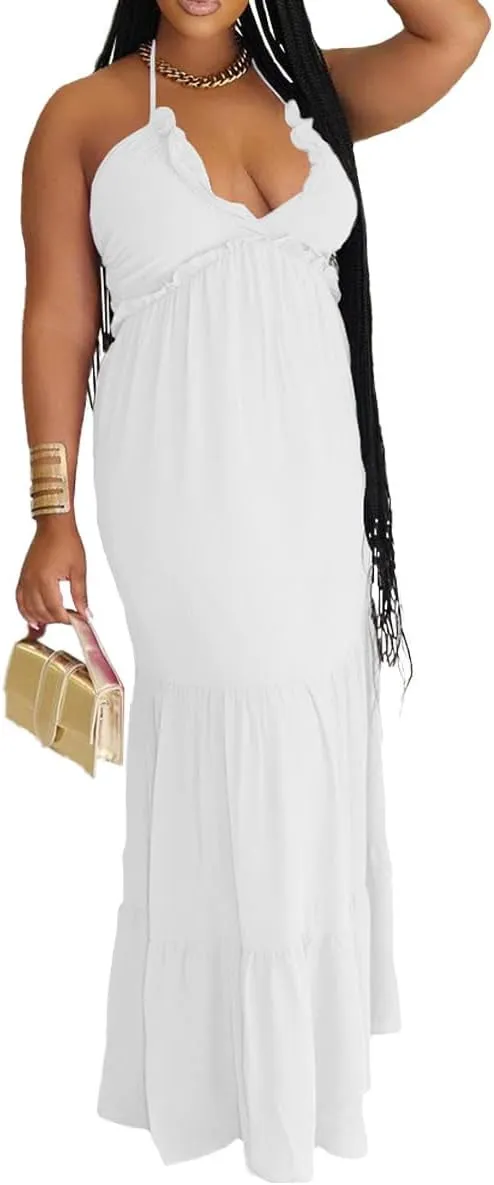 TOPSRANI Womens Sleeveless Maxi Dress Halter Casual Backless Smocked Tiered Ruffle Flowy Sexy Slip Sling Strap Dresses