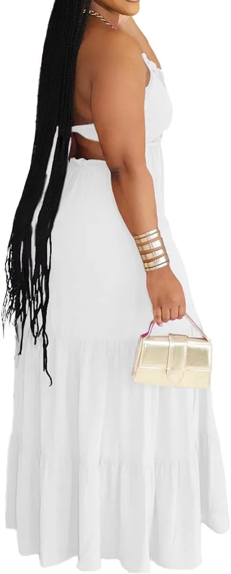TOPSRANI Womens Sleeveless Maxi Dress Halter Casual Backless Smocked Tiered Ruffle Flowy Sexy Slip Sling Strap Dresses