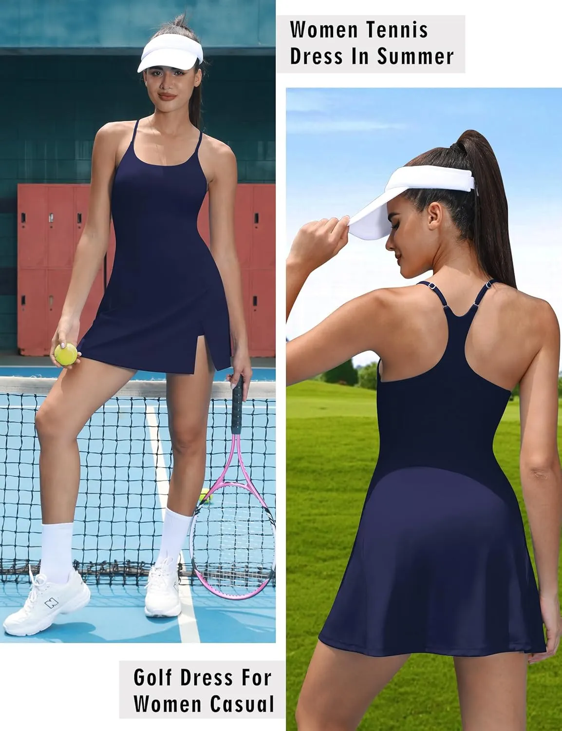 TQD Tennis Athletic Dress for Women U Neck Golf Dress with Built in Shorts and Bra Racerback Side Slit Workout Active Dresses