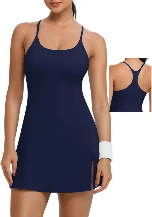 TQD Tennis Athletic Dress for Women U Neck Golf Dress with Built in Shorts and Bra Racerback Side Slit Workout Active Dresses