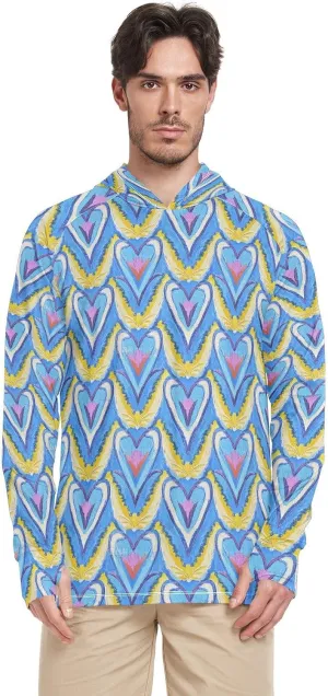 Trendy Vintage Floral Colorful Blue V Mens Sun Hoodie Shirts UV Protection Long Sleeve Mens Sun Shirts UPF 50  Quick-Dry Rash Guard for Men Hooded Fishing Shirts Camisetas para el sol de