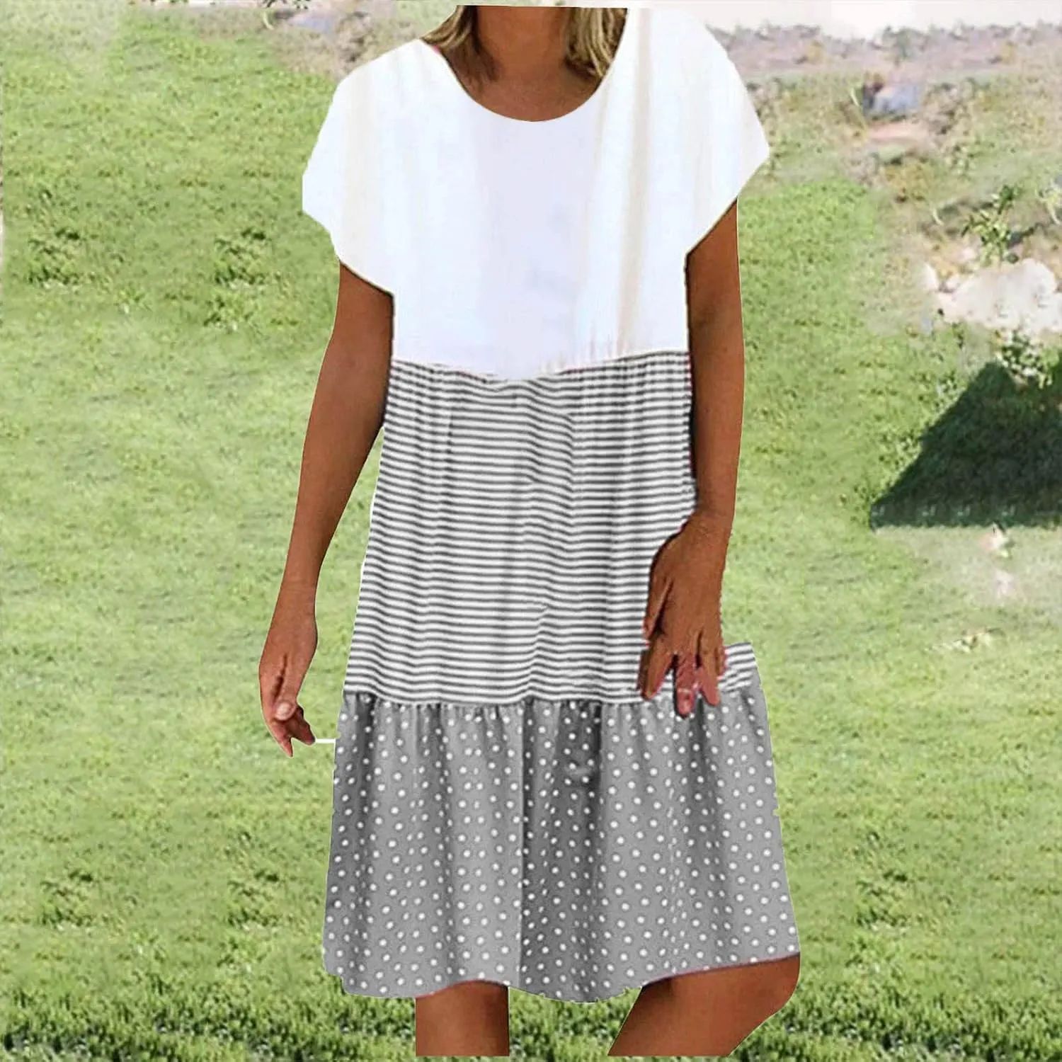 Tshirt Dresses for Women Plus Size Summer Casual Short Sleeve Dress Polka Dot Striped Patchwork Midi Dresses