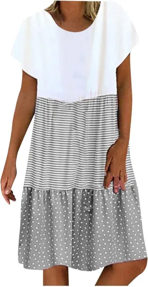 Tshirt Dresses for Women Plus Size Summer Casual Short Sleeve Dress Polka Dot Striped Patchwork Midi Dresses