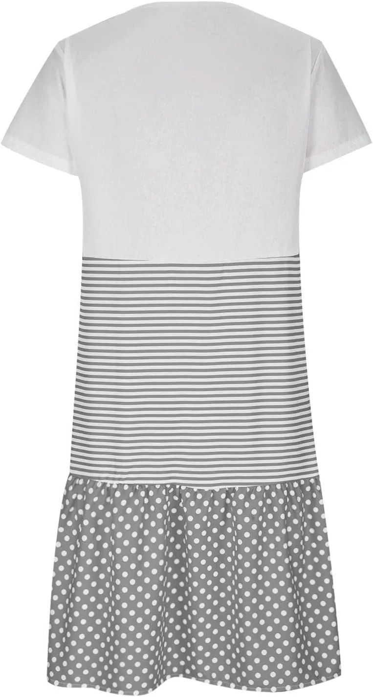 Tshirt Dresses for Women Plus Size Summer Casual Short Sleeve Dress Polka Dot Striped Patchwork Midi Dresses