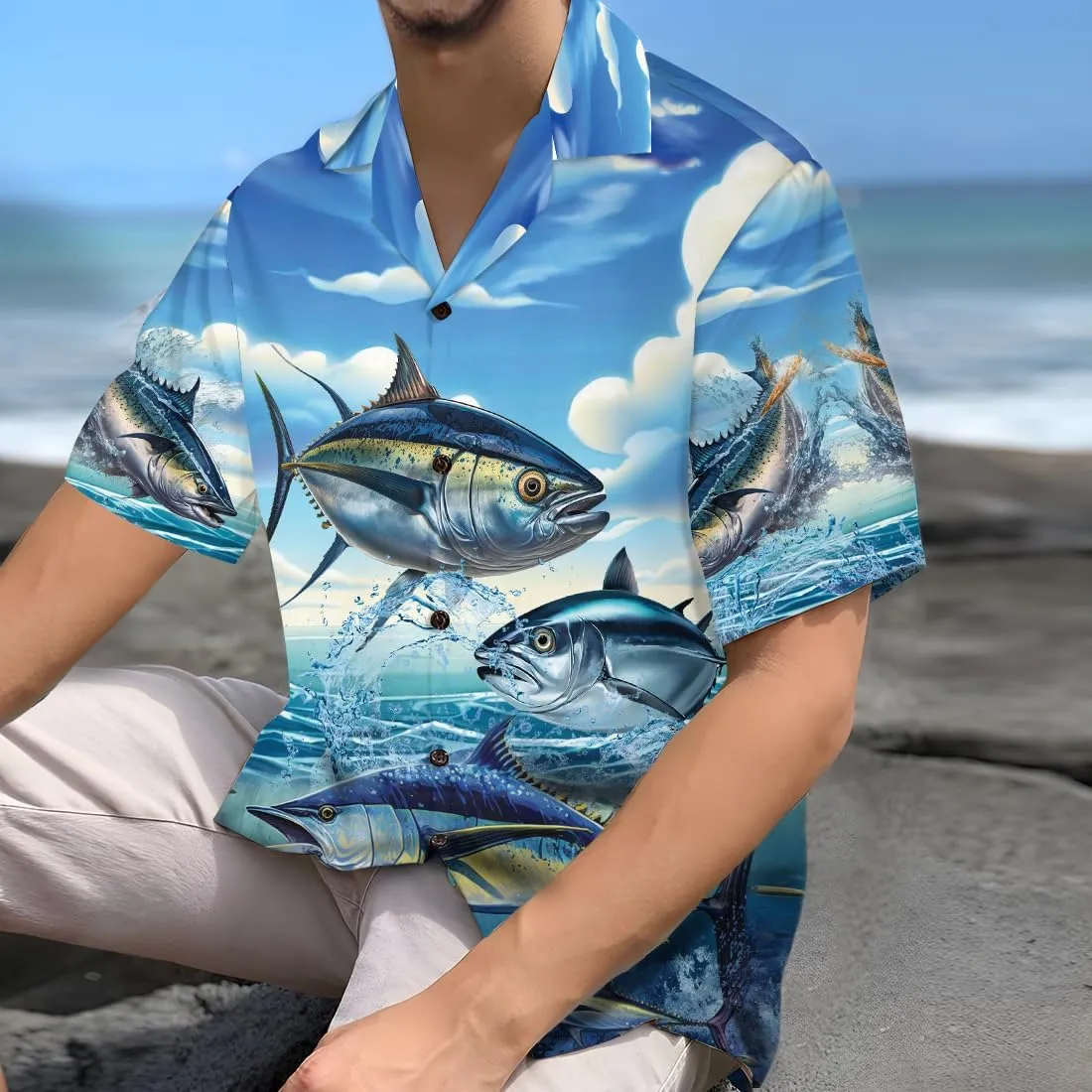 Tunny Hawaiian Shirts for Men - Tunny Lover Button Down Mens Shirts Short Sleeve Luau Beach Shirt Series 70