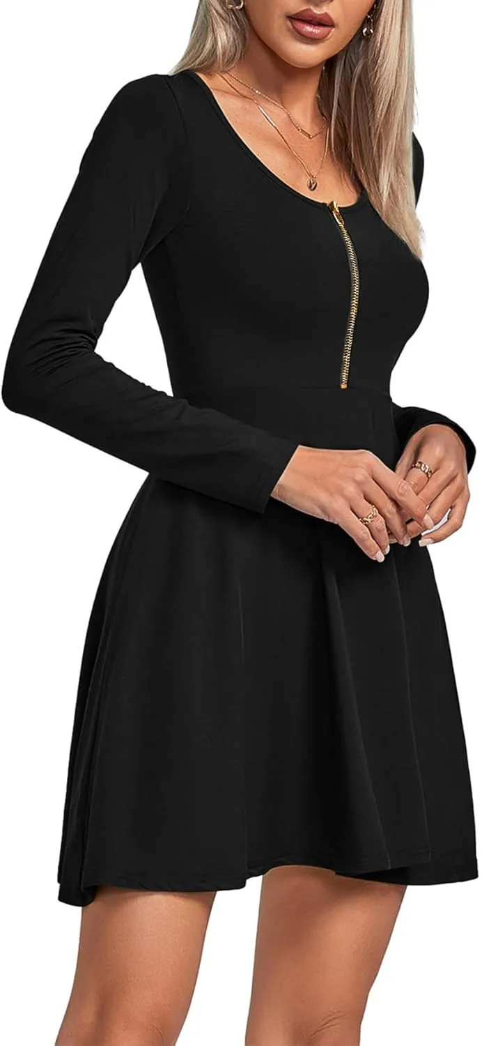 Umenlele Women's Scoop Neck Long Sleeve Dresses Casual Flowy Swing Mini Short Wrap Skater Dress