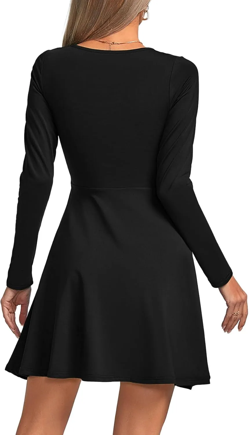 Umenlele Women's Scoop Neck Long Sleeve Dresses Casual Flowy Swing Mini Short Wrap Skater Dress