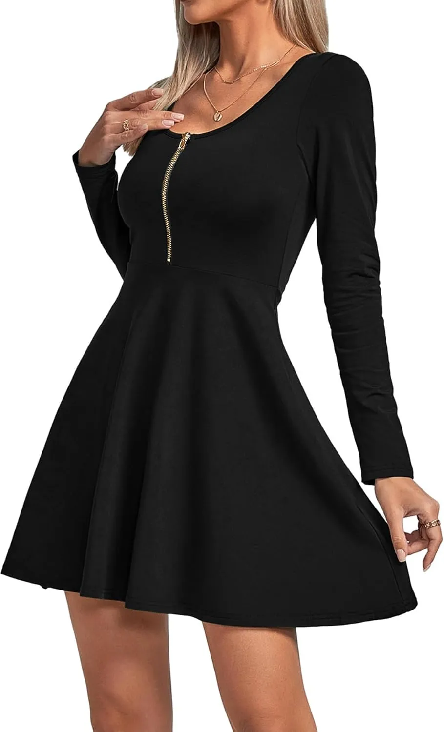 Umenlele Women's Scoop Neck Long Sleeve Dresses Casual Flowy Swing Mini Short Wrap Skater Dress