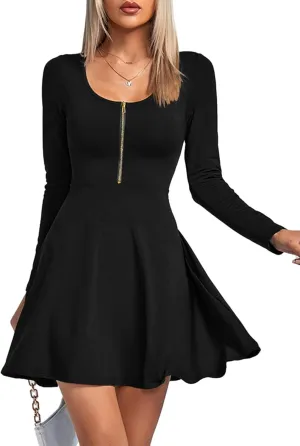 Umenlele Women's Scoop Neck Long Sleeve Dresses Casual Flowy Swing Mini Short Wrap Skater Dress