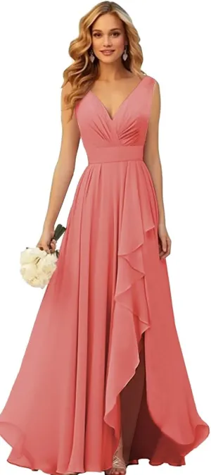 V-Neck Chiffon Ruffle Long Bridesmaid Dress with Slit Ruched A Line Formal Dresses Evening Gowns