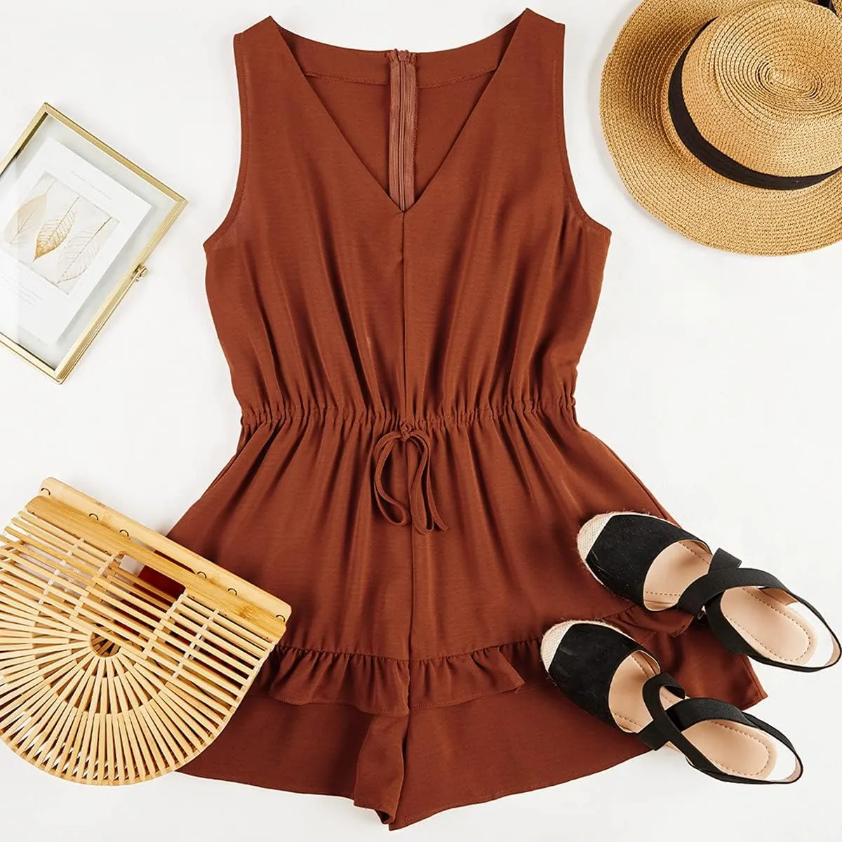 Valphsio Womens V Neck Beach Tank Rompers Flowy Ruffle Layered Shorts Jumpsuit High Waist
