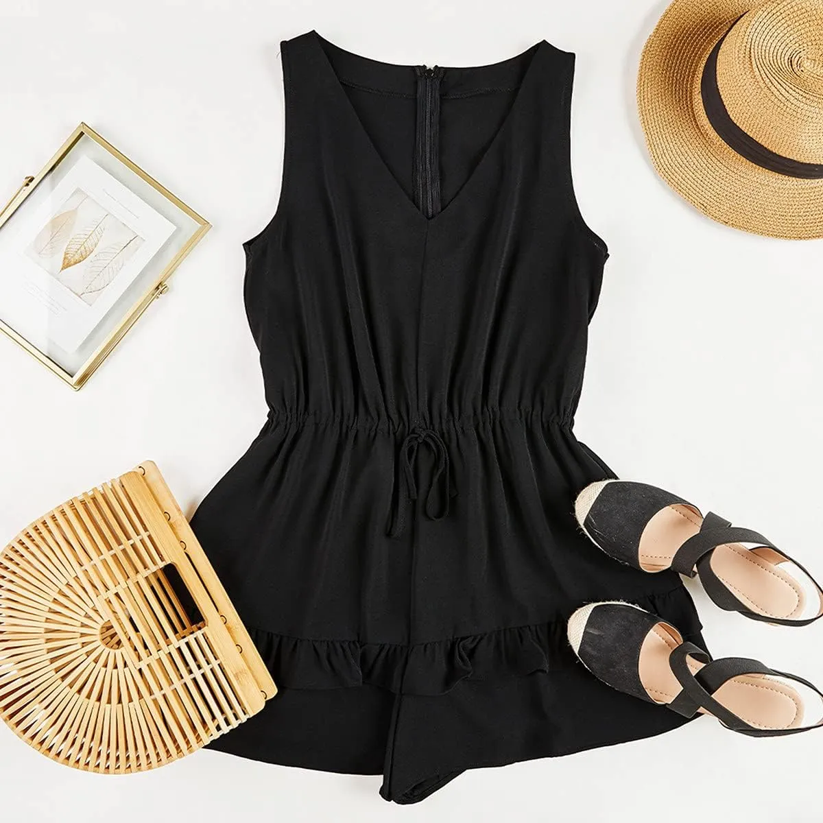 Valphsio Womens V Neck Beach Tank Rompers Flowy Ruffle Layered Shorts Jumpsuit High Waist
