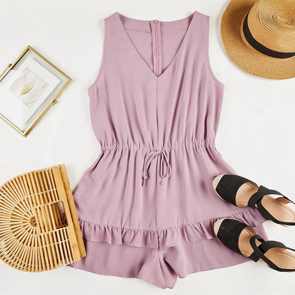Valphsio Womens V Neck Beach Tank Rompers Flowy Ruffle Layered Shorts Jumpsuit High Waist