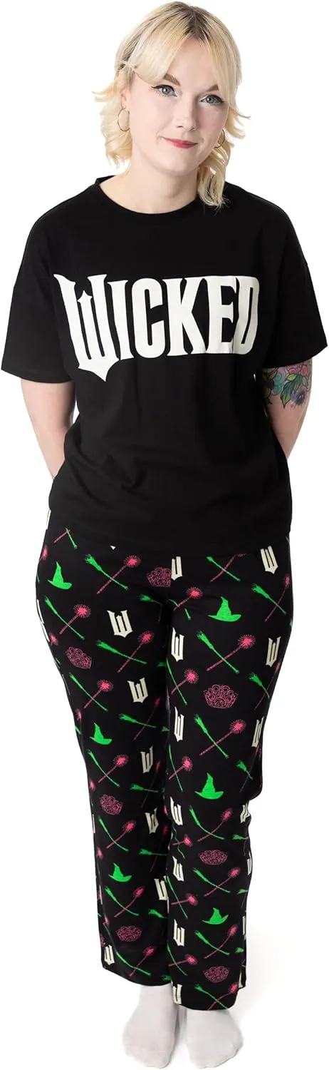 Vanilla Underground Wicked Womens Pajama Set | Adults Wicked Logo Graphic Short Sleeve Top & Long Leg PJ Bottoms in Black