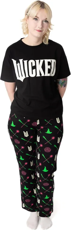 Vanilla Underground Wicked Womens Pajama Set | Adults Wicked Logo Graphic Short Sleeve Top & Long Leg PJ Bottoms in Black