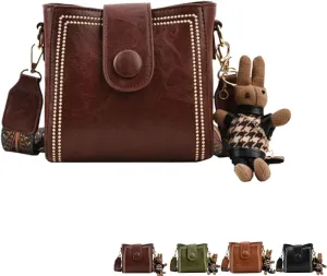 Vintage Bunny Charm Bucket Bag for Women, PU Leather Cute Crossbody Purse, Retro Fashion Handbag for Dating, Shopping