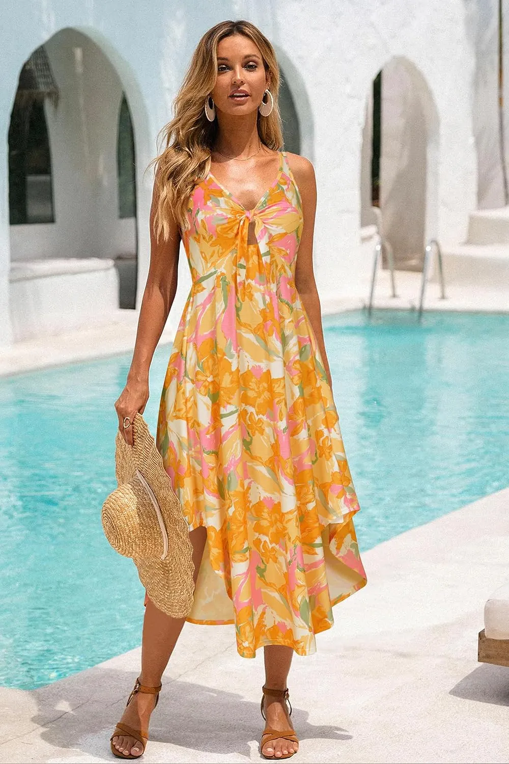 VOTEPRETTY Womens Summer Maxi Dresses 2025 Tie Front Beach Vacation Sundress Hawaiian Tropical Outfit Floral Sundress