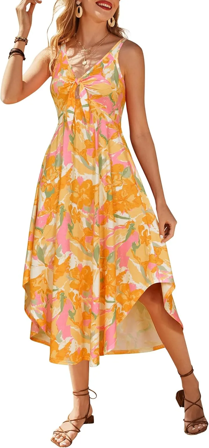 VOTEPRETTY Womens Summer Maxi Dresses 2025 Tie Front Beach Vacation Sundress Hawaiian Tropical Outfit Floral Sundress