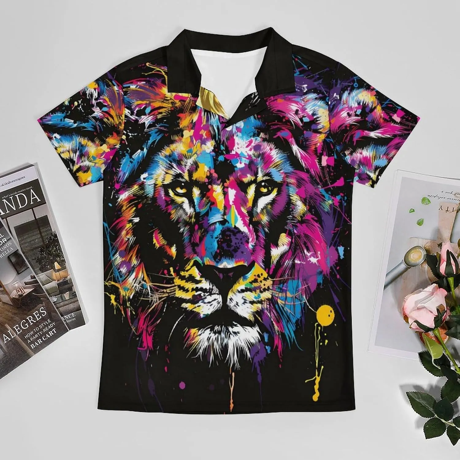 Watercolor Lion Colorful Splash Classic Polo Shirts for Men Quick Dry Short Sleeve Fit Golf Tees Casual Tops