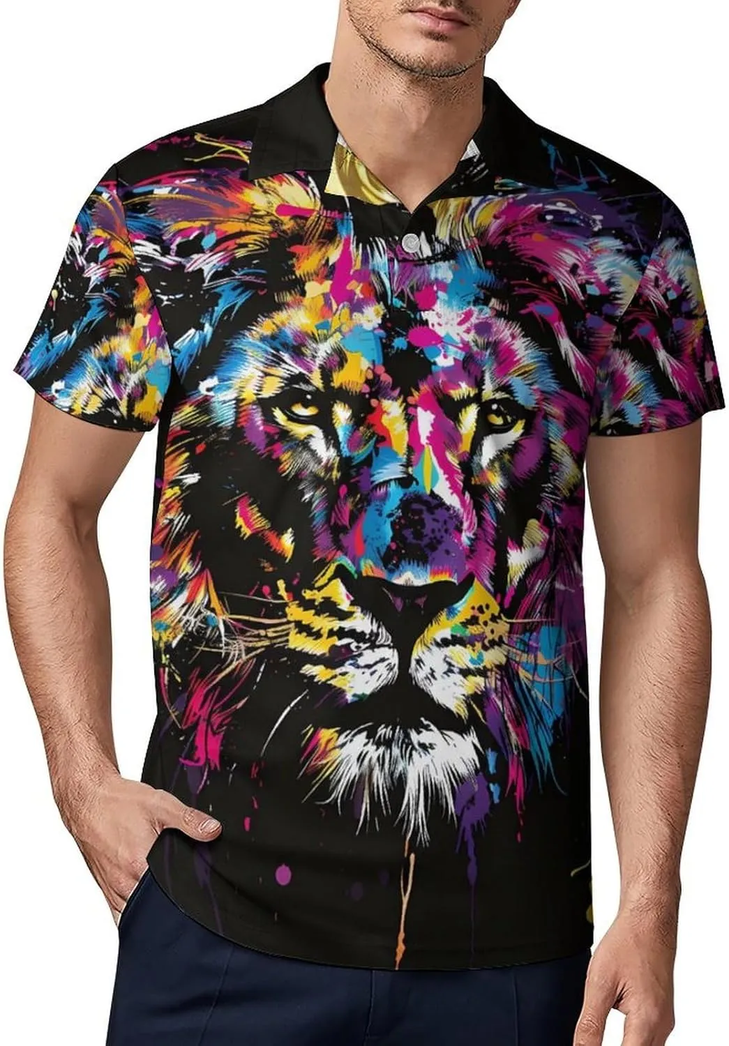 Watercolor Lion Colorful Splash Classic Polo Shirts for Men Quick Dry Short Sleeve Fit Golf Tees Casual Tops