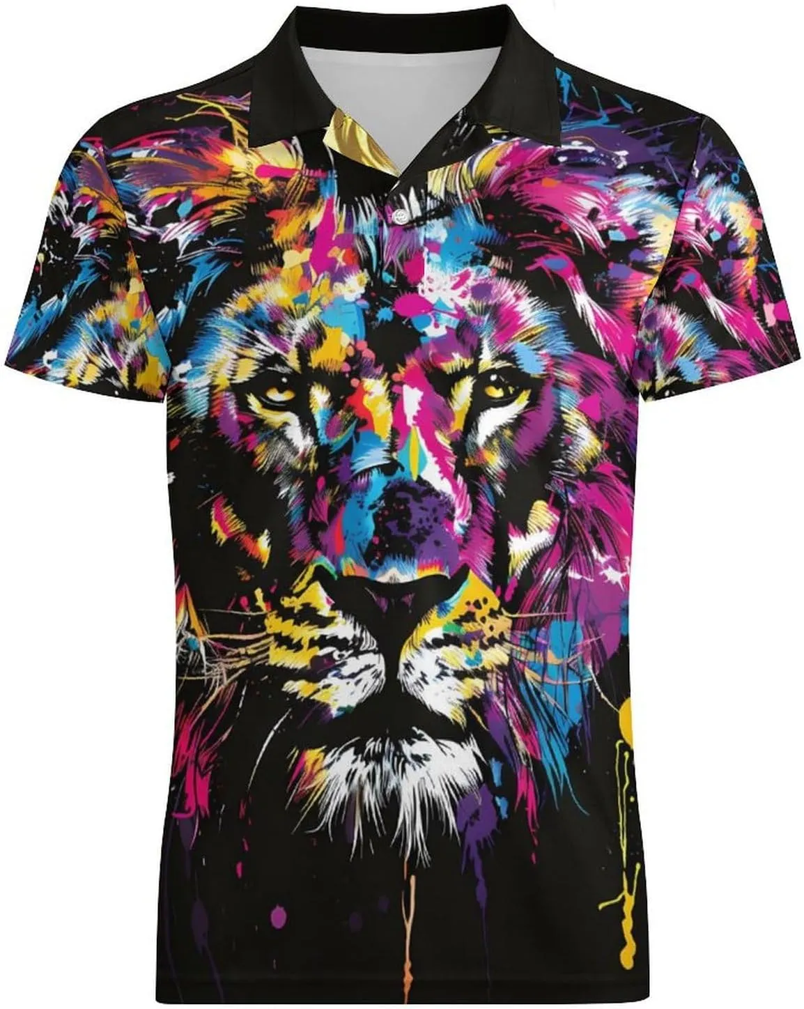 Watercolor Lion Colorful Splash Classic Polo Shirts for Men Quick Dry Short Sleeve Fit Golf Tees Casual Tops