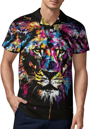 Watercolor Lion Colorful Splash Classic Polo Shirts for Men Quick Dry Short Sleeve Fit Golf Tees Casual Tops