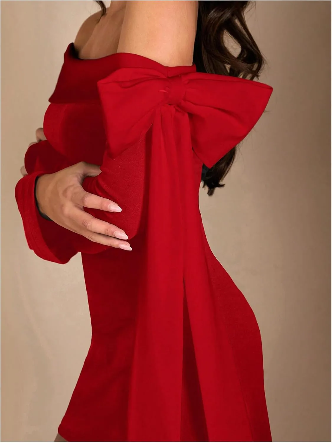 WDIRARA Women's Off Shoulder Bow Long Bell Sleeve Mini Dress Cocktail Party Dress
