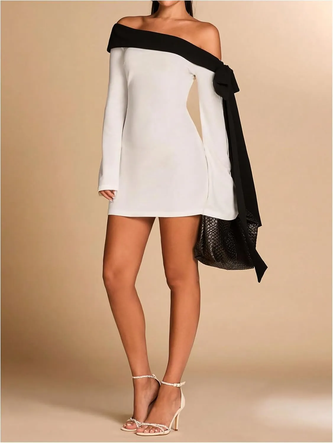 WDIRARA Women's Off Shoulder Bow Long Bell Sleeve Mini Dress Cocktail Party Dress