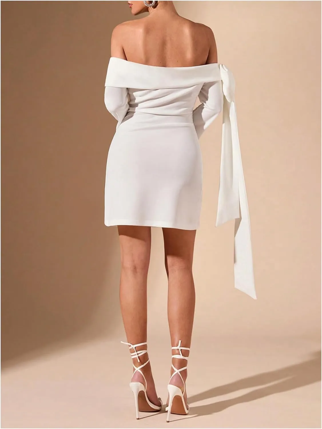 WDIRARA Women's Off Shoulder Bow Long Bell Sleeve Mini Dress Cocktail Party Dress