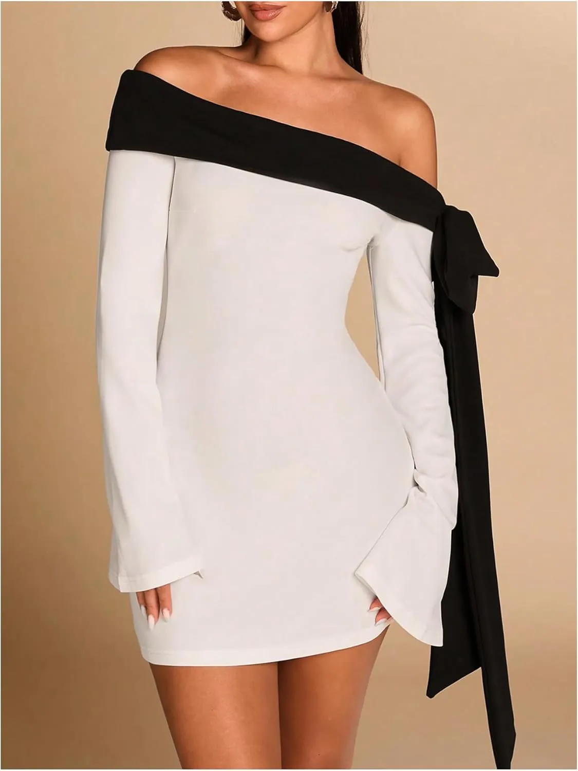 WDIRARA Women's Off Shoulder Bow Long Bell Sleeve Mini Dress Cocktail Party Dress
