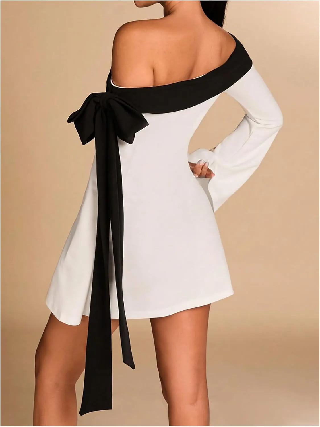 WDIRARA Women's Off Shoulder Bow Long Bell Sleeve Mini Dress Cocktail Party Dress