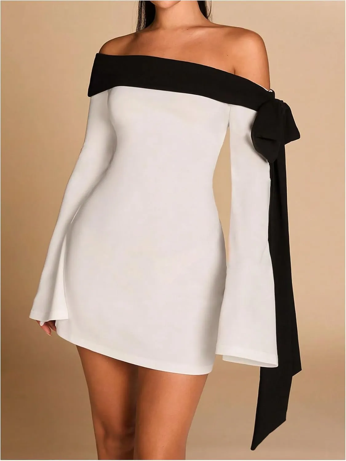 WDIRARA Women's Off Shoulder Bow Long Bell Sleeve Mini Dress Cocktail Party Dress