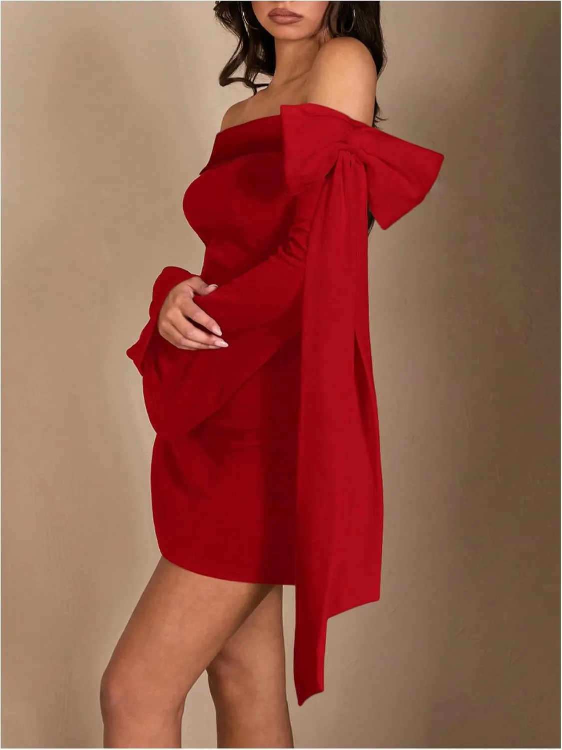 WDIRARA Women's Off Shoulder Bow Long Bell Sleeve Mini Dress Cocktail Party Dress