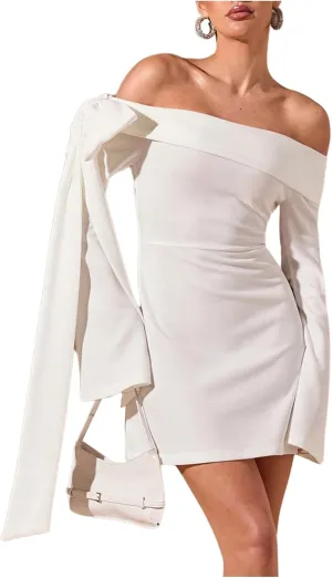 WDIRARA Women's Off Shoulder Bow Long Bell Sleeve Mini Dress Cocktail Party Dress