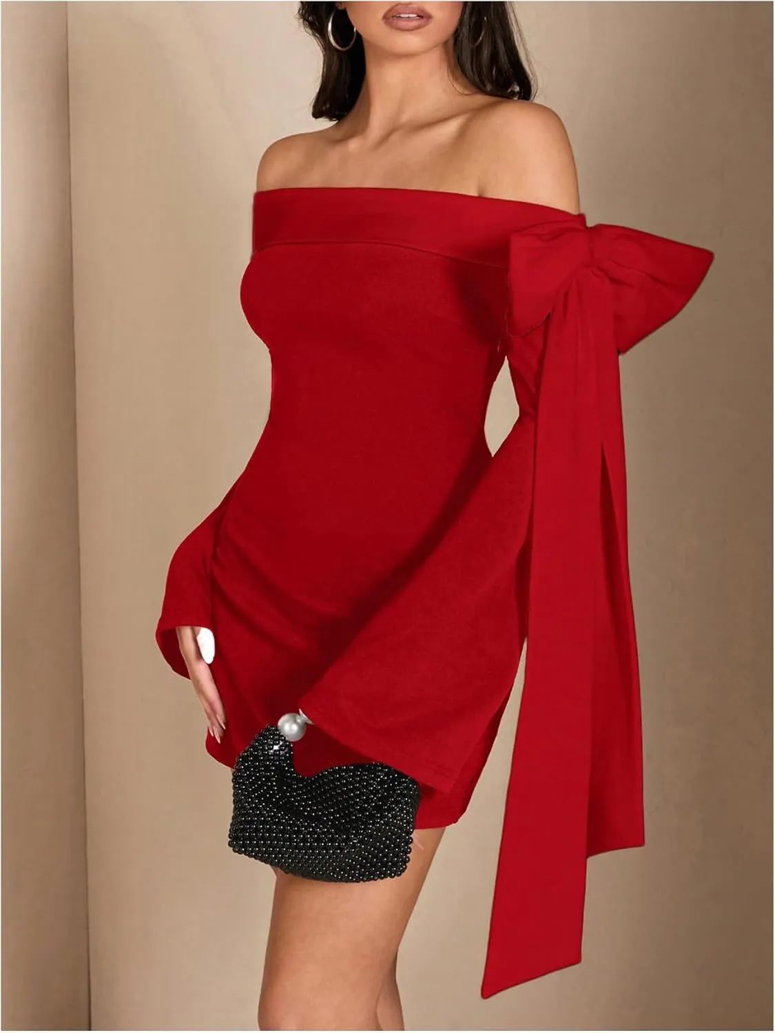 WDIRARA Women's Off Shoulder Bow Long Bell Sleeve Mini Dress Cocktail Party Dress