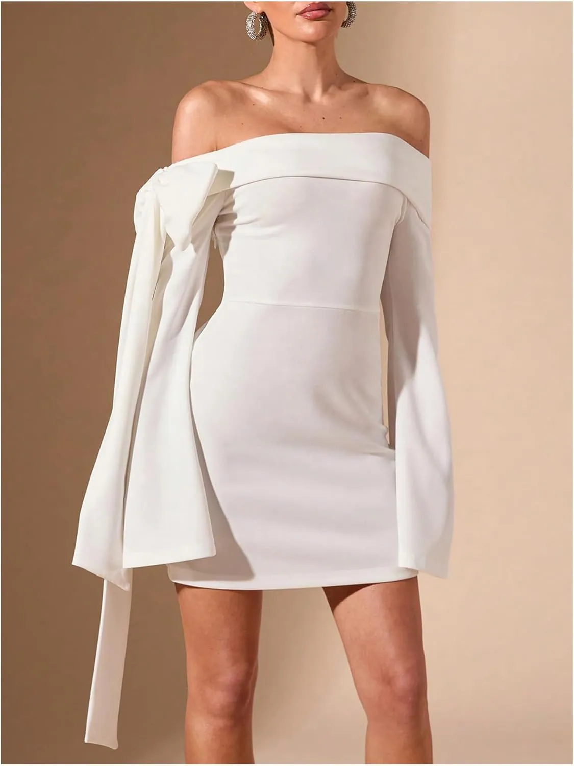WDIRARA Women's Off Shoulder Bow Long Bell Sleeve Mini Dress Cocktail Party Dress
