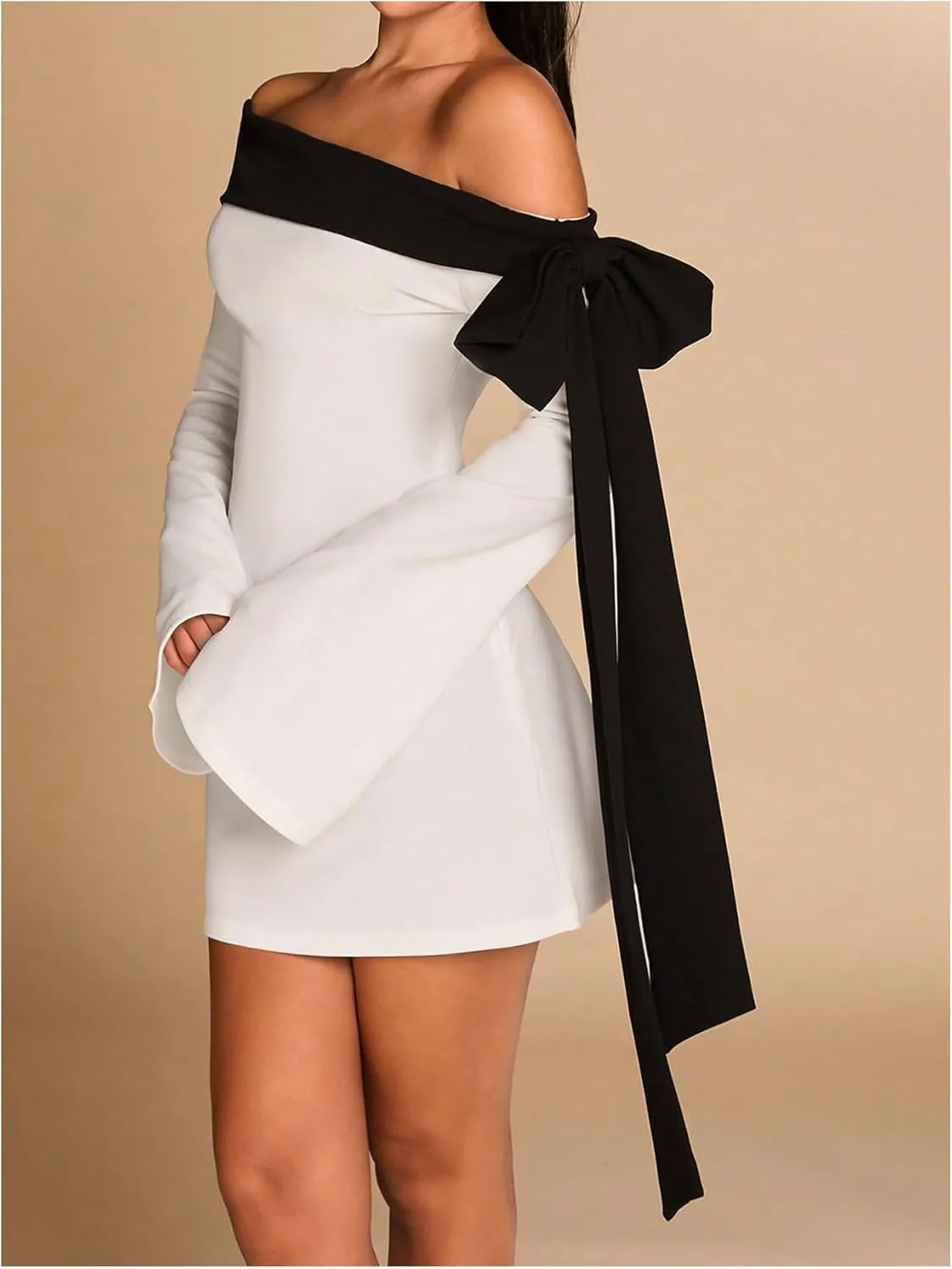 WDIRARA Women's Off Shoulder Bow Long Bell Sleeve Mini Dress Cocktail Party Dress