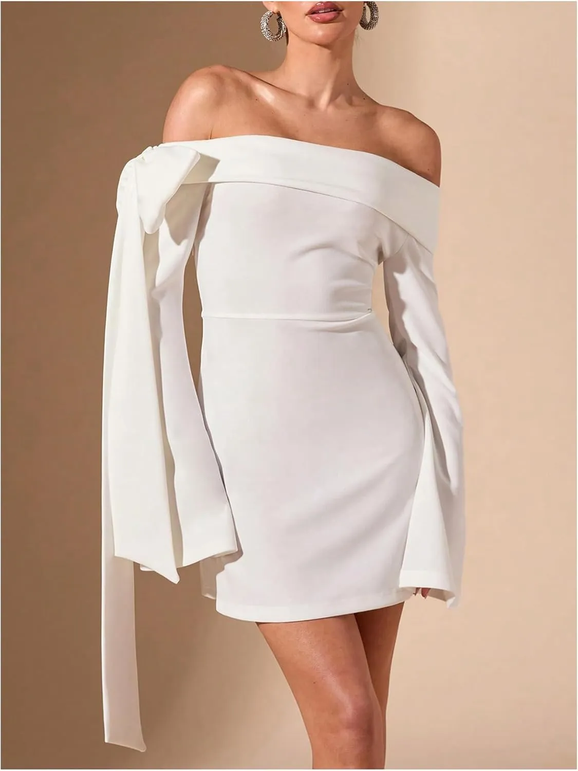 WDIRARA Women's Off Shoulder Bow Long Bell Sleeve Mini Dress Cocktail Party Dress