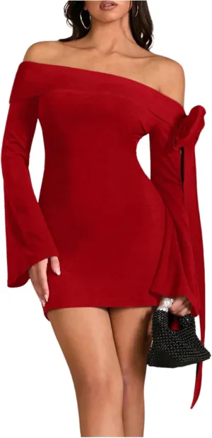 WDIRARA Women's Off Shoulder Bow Long Bell Sleeve Mini Dress Cocktail Party Dress