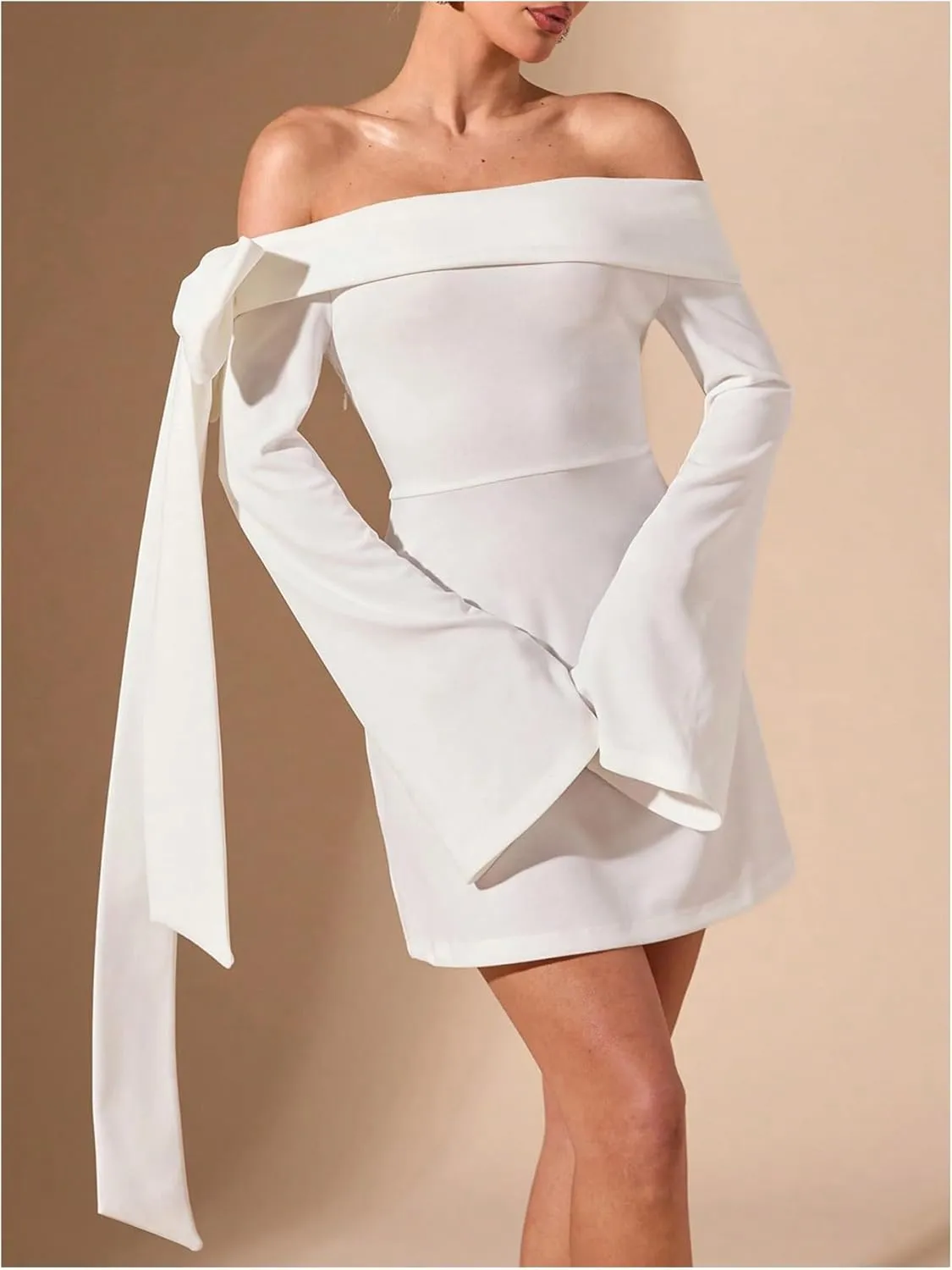 WDIRARA Women's Off Shoulder Bow Long Bell Sleeve Mini Dress Cocktail Party Dress