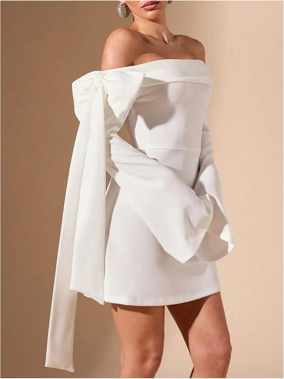 WDIRARA Women's Off Shoulder Bow Long Bell Sleeve Mini Dress Cocktail Party Dress