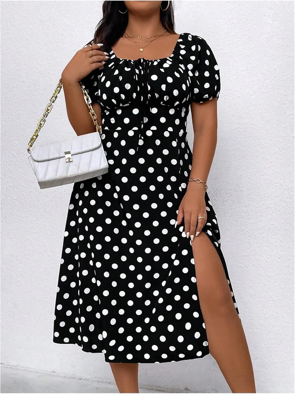WDIRARA Women's Plus Size Polka Dots Square Neck Midi Dress Split Thigh Puff Short Sleeve Dresses