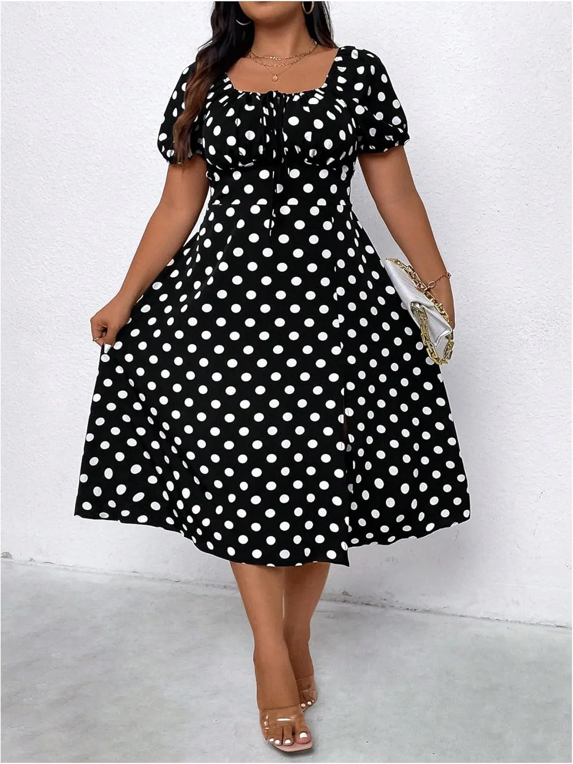 WDIRARA Women's Plus Size Polka Dots Square Neck Midi Dress Split Thigh Puff Short Sleeve Dresses
