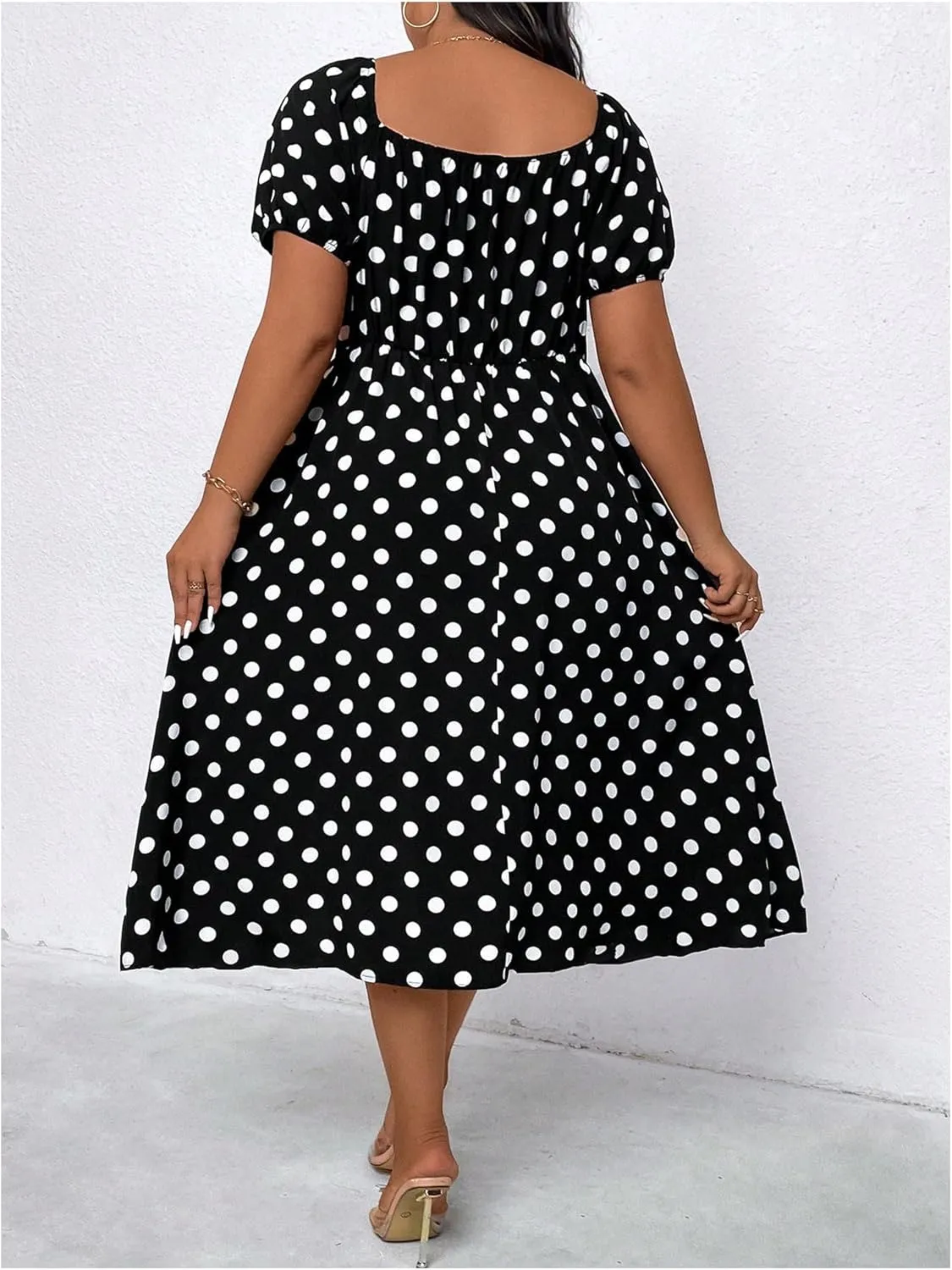 WDIRARA Women's Plus Size Polka Dots Square Neck Midi Dress Split Thigh Puff Short Sleeve Dresses