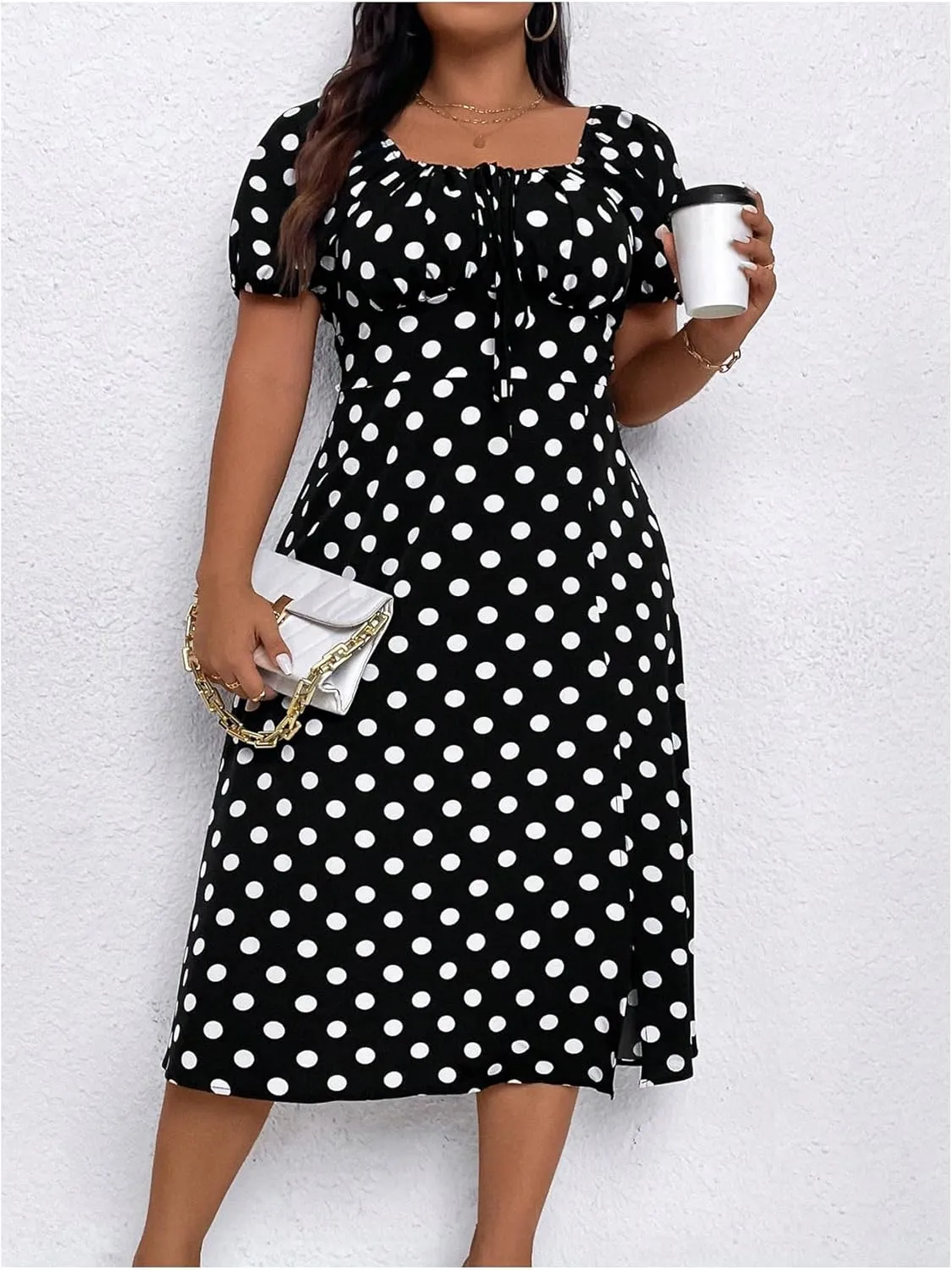 WDIRARA Women's Plus Size Polka Dots Square Neck Midi Dress Split Thigh Puff Short Sleeve Dresses