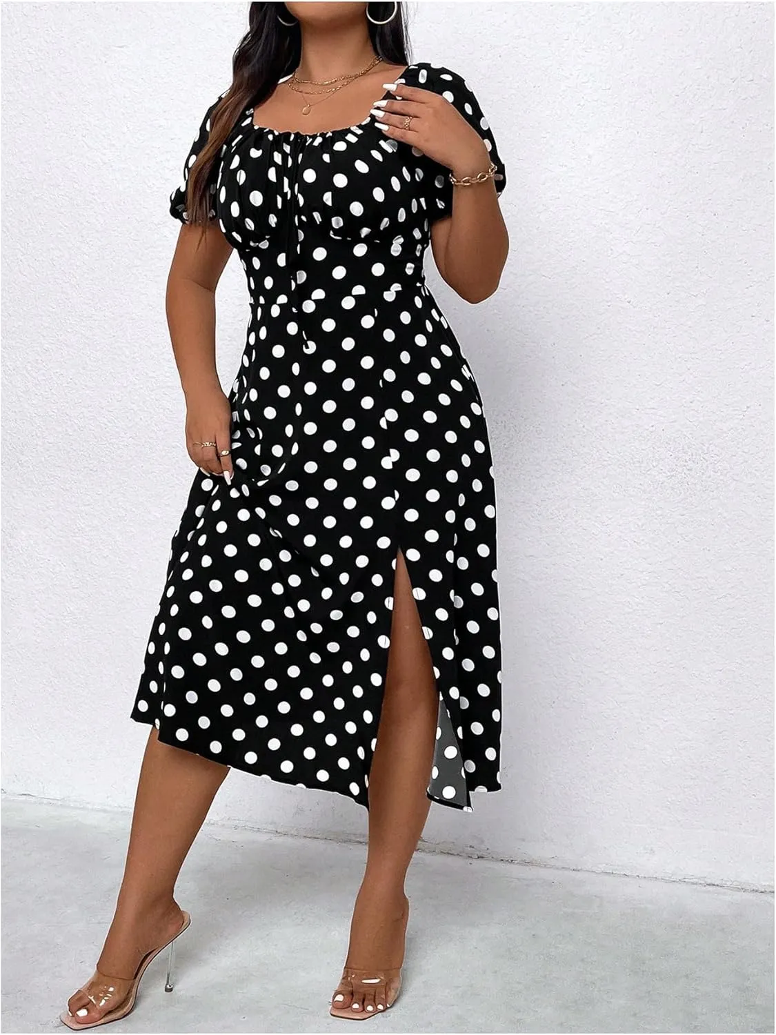WDIRARA Women's Plus Size Polka Dots Square Neck Midi Dress Split Thigh Puff Short Sleeve Dresses
