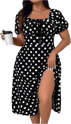 WDIRARA Women's Plus Size Polka Dots Square Neck Midi Dress Split Thigh Puff Short Sleeve Dresses