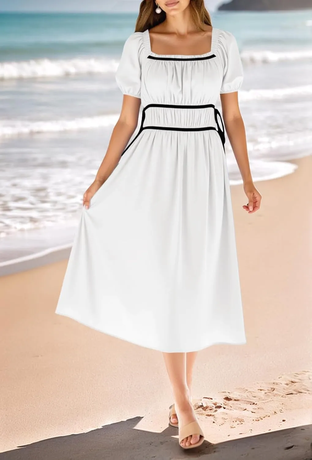 Wenrine Womens Off The Shoulder Midi Dress Summer Square Neck Puff Short Sleeve Casual Flowy A Line Beach Dresses
