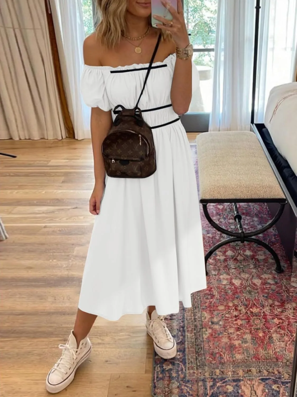 Wenrine Womens Off The Shoulder Midi Dress Summer Square Neck Puff Short Sleeve Casual Flowy A Line Beach Dresses