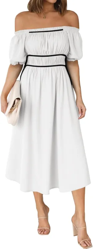 Wenrine Womens Off The Shoulder Midi Dress Summer Square Neck Puff Short Sleeve Casual Flowy A Line Beach Dresses
